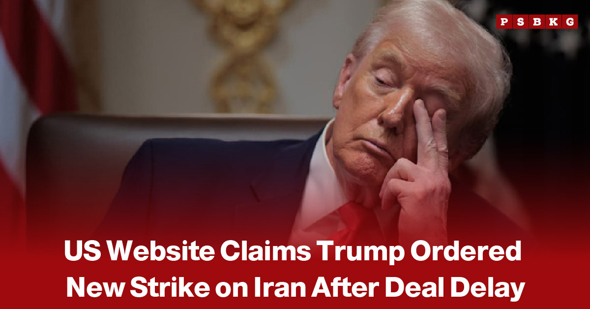 Image of a blurred man in a suit standing against a news-style background, with a headline claiming that a U.S. website reported Donald Trump ordered new military strikes on Iran after delays in reaching a diplomatic deal, amid escalating tensions between Washington and Tehran.