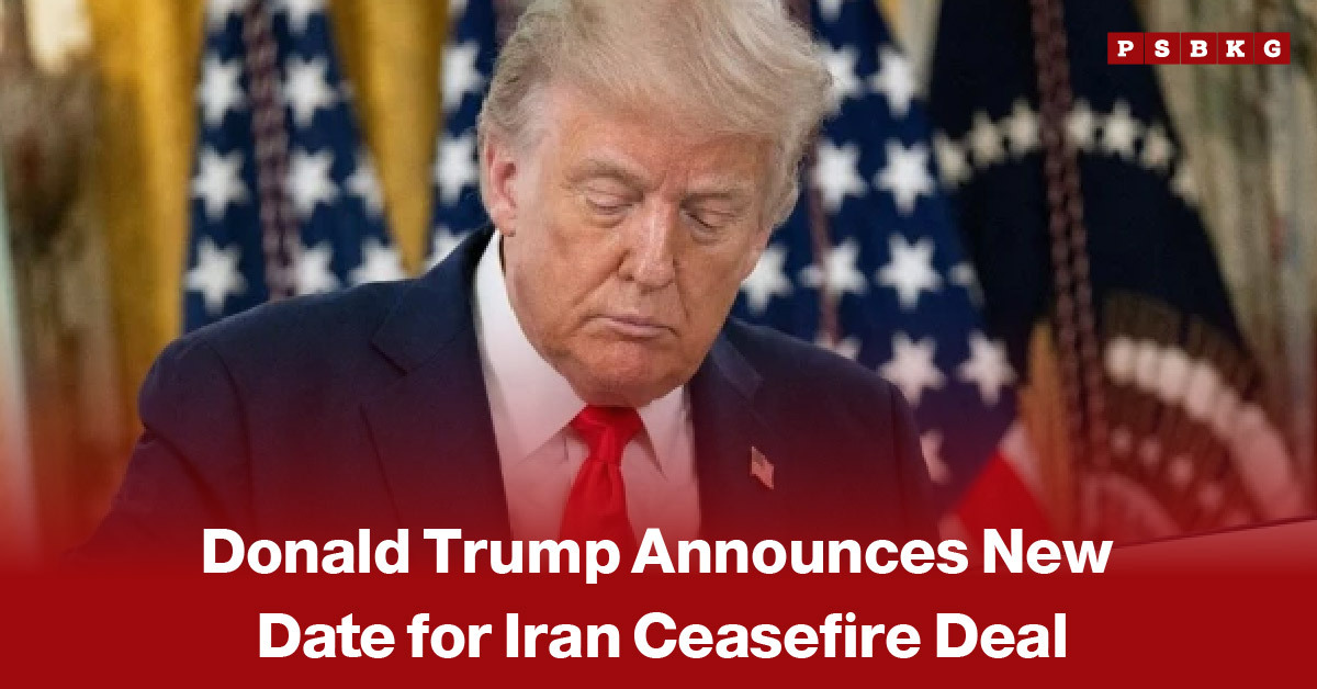 Image of a blurred man in a suit with a red tie standing before American flags, accompanied by a news-style headline about Donald Trump announcing a new date for the Iran ceasefire deal as negotiations continue between Washington and Tehran.