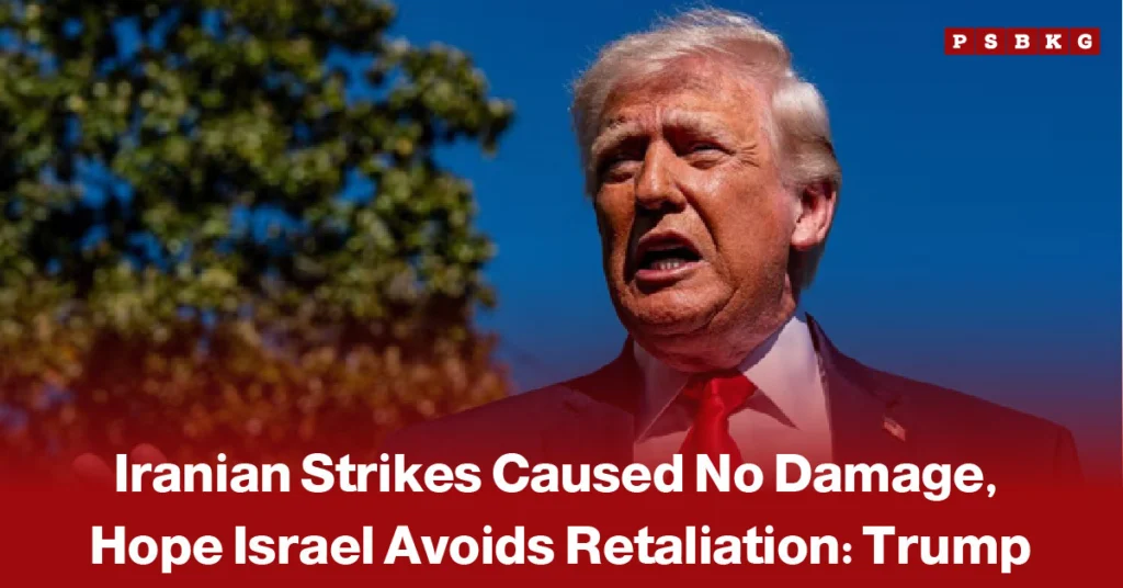 Image of a man in a suit and red tie speaking outdoors, accompanied by an overlaid news-style headline quoting Donald Trump’s statement that Iranian strikes caused no damage and expressing hope that further retaliation can be avoided.
