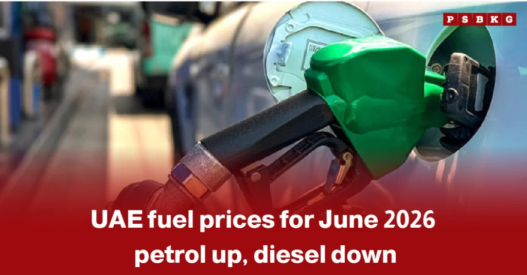 Image of a green fuel nozzle inserted into a vehicle’s fuel tank at a petrol station, with accompanying text highlighting UAE fuel prices for June 2026, showing an increase in petrol prices and a decrease in diesel rates.