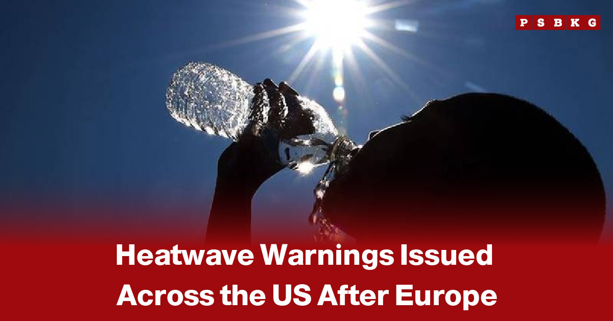 Person drinking water from a bottle under bright sunlight on a hot day, illustrating extreme heat conditions and accompanying a news-style headline about heatwave warnings issued across the United States following severe heat in Europe.