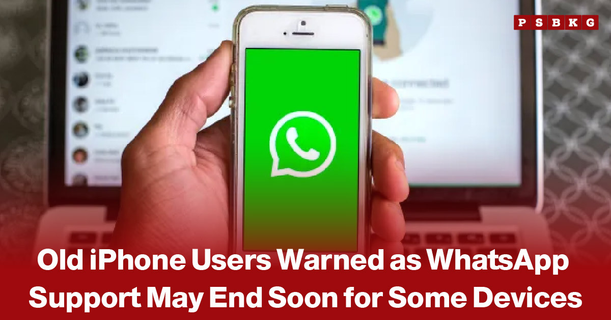 Image of a hand holding an iPhone displaying the WhatsApp logo, with a laptop in the background showing a blurred WhatsApp chat interface, accompanied by a warning-style text about WhatsApp ending support for older iPhone devices.