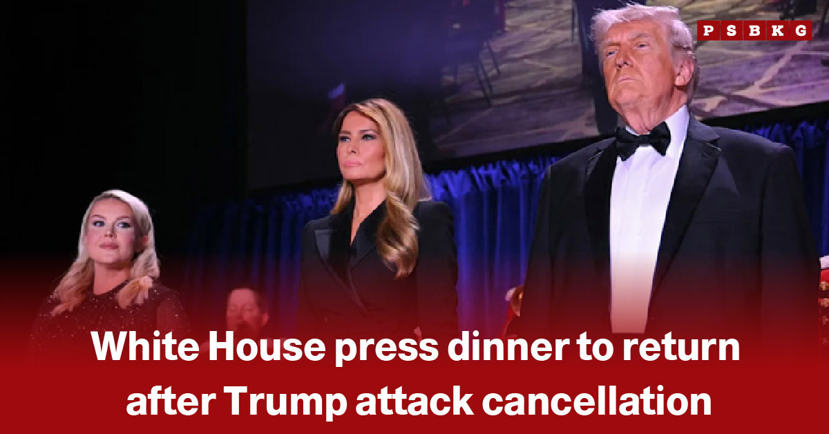 Image of four formally dressed individuals standing on a stage at a high-profile event, with a headline announcing the return of the White House Correspondents’ Dinner after it was previously canceled following an attack on Donald Trump.