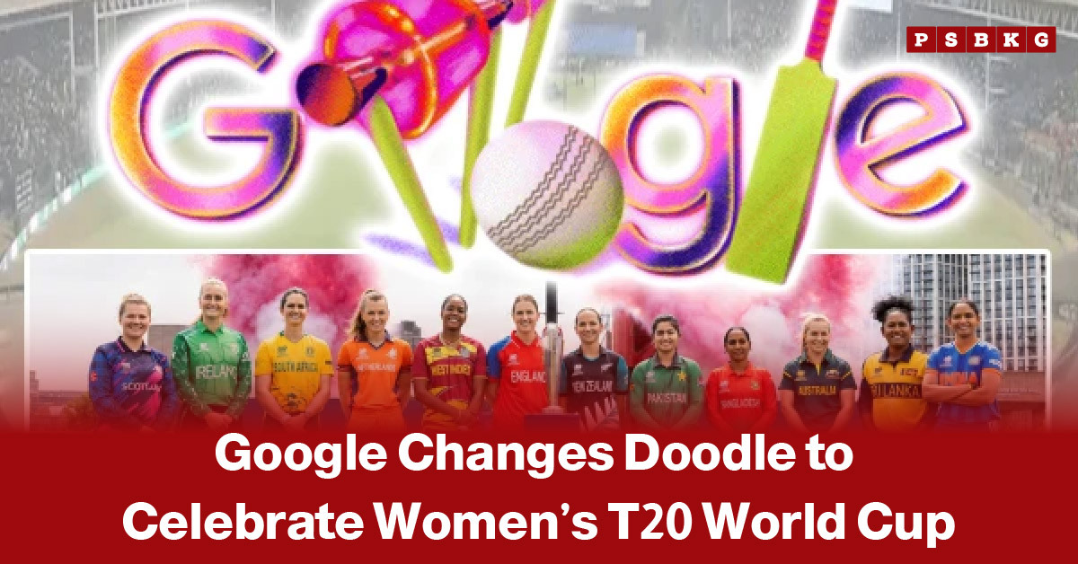 Image of a stylized Google Doodle celebrating the Women’s T20 World Cup, featuring cricket stumps, a bat, and a ball, with illustrated women cricketers from different countries in the background, highlighting the international tournament and women’s cricket spirit.