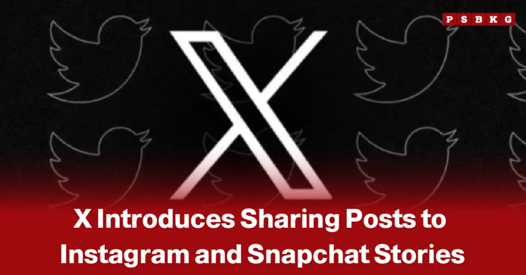 Image of the X (formerly Twitter) logo with a tech-style background featuring faint social media icons, accompanied by a headline announcing a new feature allowing users to share posts directly to Instagram and Snapchat Stories.
