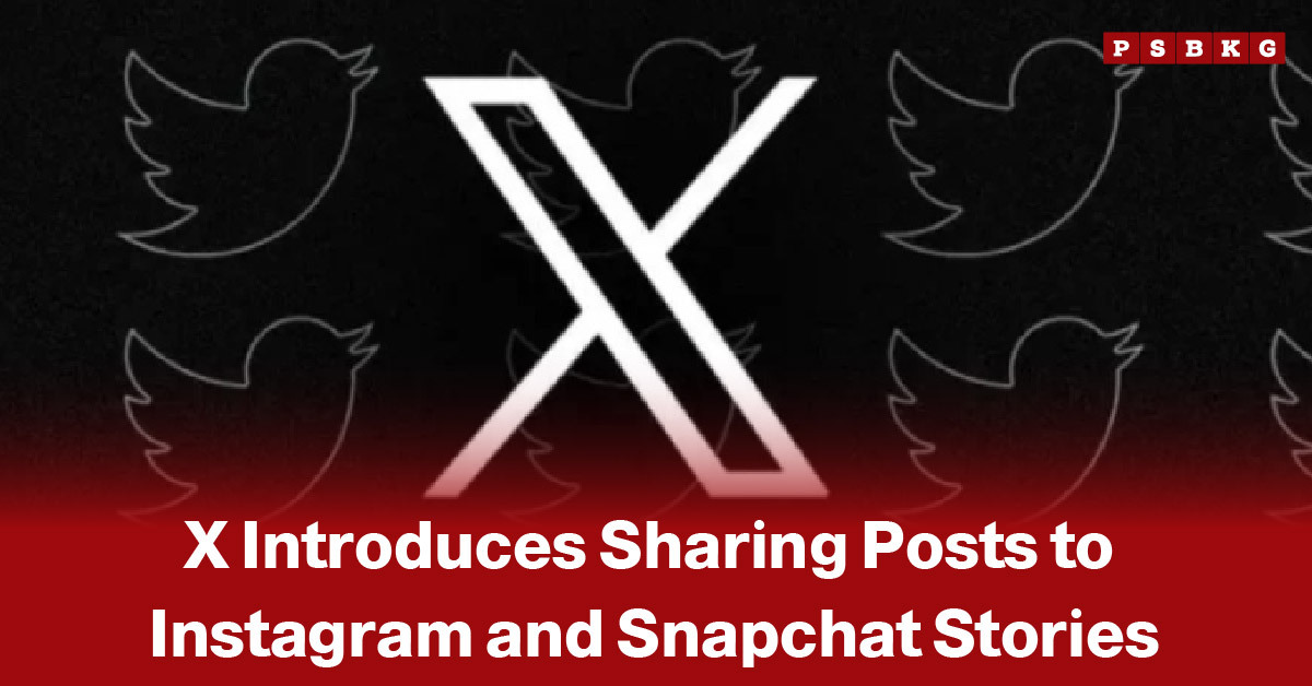Image of the X (formerly Twitter) logo with a tech-style background featuring faint social media icons, accompanied by a headline announcing a new feature allowing users to share posts directly to Instagram and Snapchat Stories.