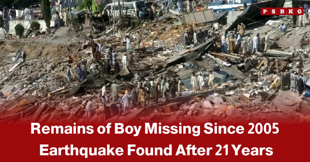 Rescue workers and local residents search through the rubble of collapsed buildings following the devastating 2005 earthquake, where the remains of a boy missing since the disaster were discovered after 21 years, accompanied by a news-style headline about the discovery.