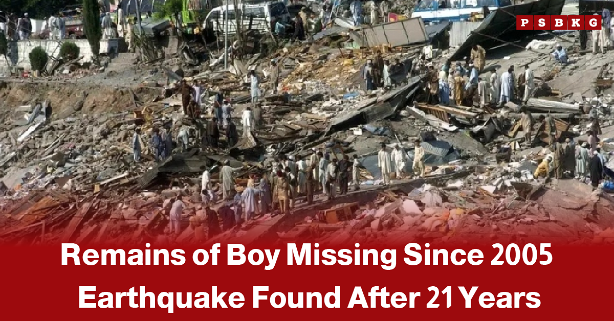 Rescue workers and local residents search through the rubble of collapsed buildings following the devastating 2005 earthquake, where the remains of a boy missing since the disaster were discovered after 21 years, accompanied by a news-style headline about the discovery.