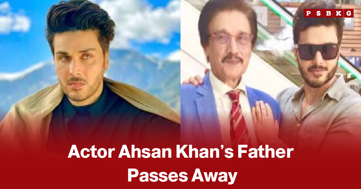 Portrait of Pakistani actor Ahsan Khan in formal attire with a solemn expression, accompanied by a news-style headline announcing the passing of his father.