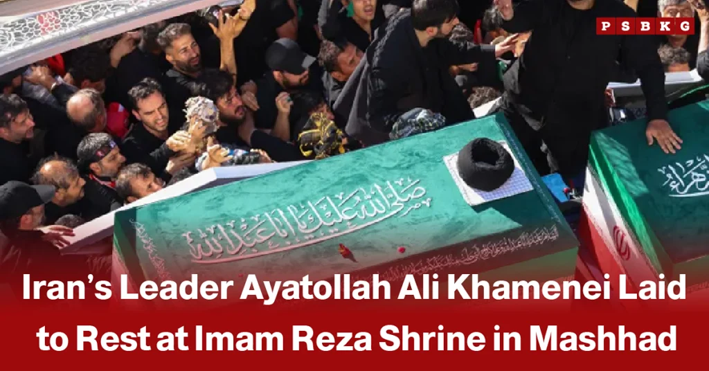 Large gathering of mourners surrounding the flower-covered coffin of Ayatollah Ali Khamenei during his burial ceremony in Mashhad, with religious leaders and attendees paying their final respects, accompanied by a news-style headline about his burial.