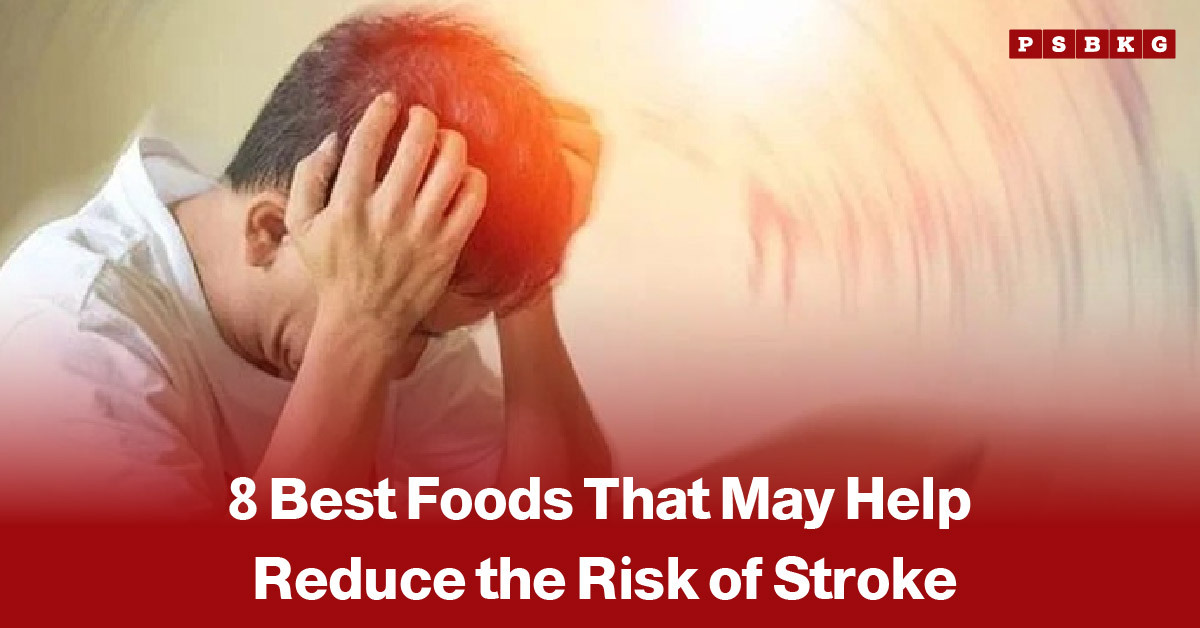 Man holding his head in pain to represent stroke risk, accompanied by a news-style headline highlighting foods that may help reduce the risk of stroke and support better heart and brain health.