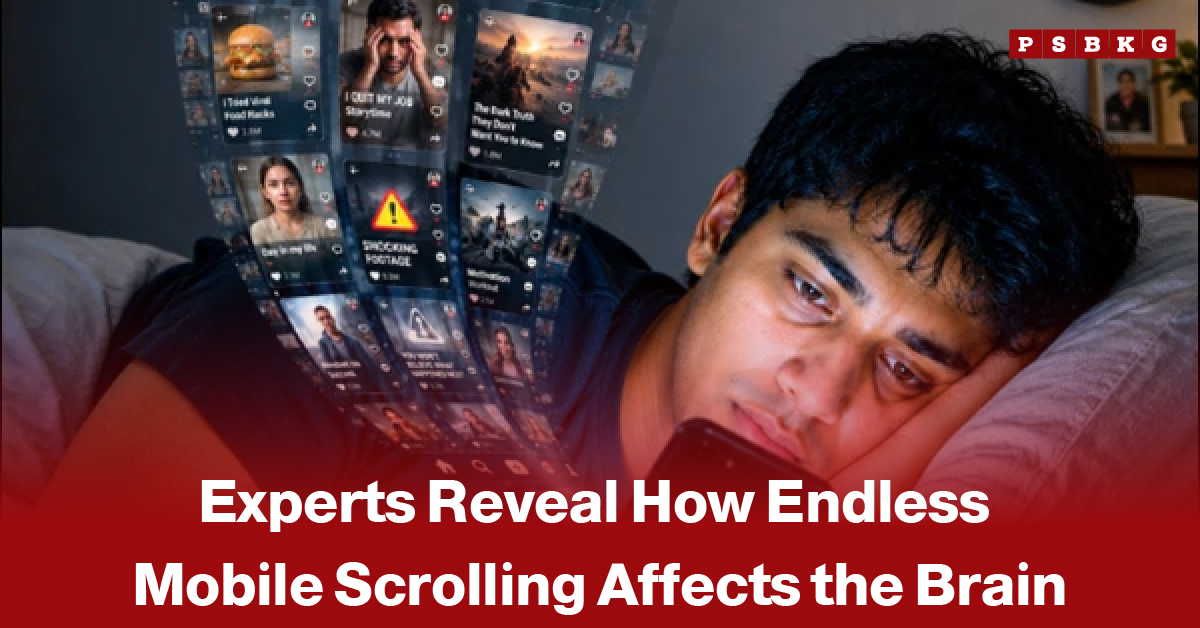 Person lying in bed at night while endlessly scrolling on a smartphone, with the screen illuminating their face, accompanied by a news-style headline about the effects of excessive mobile scrolling on brain health and mental well-being.