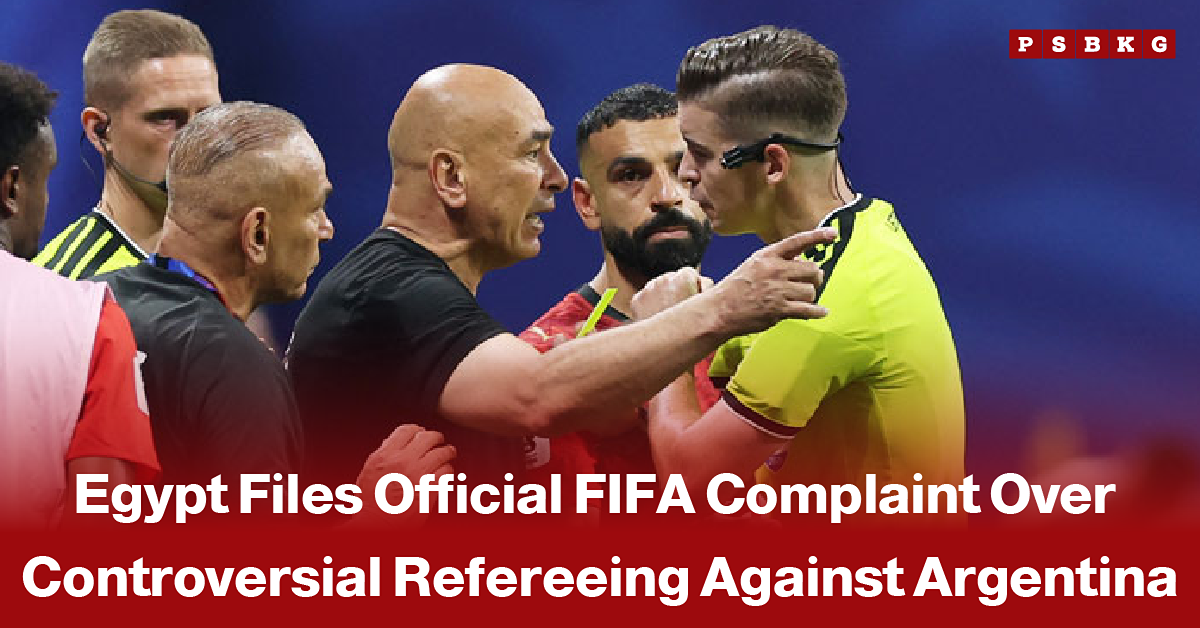 Egyptian national team players surround and argue with the match referee during a tense FIFA World Cup match against Argentina, expressing frustration over controversial decisions, accompanied by a news-style headline about Egypt filing an official complaint with FIFA.