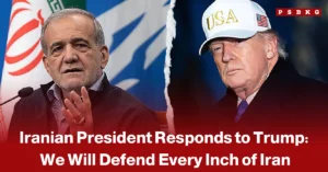 Split image showing Iranian President Masoud Pezeshkian delivering a speech and former U.S. President Donald Trump wearing a USA cap, accompanied by a news-style headline about Iran's response to Trump, stating it will defend every inch of its territory.