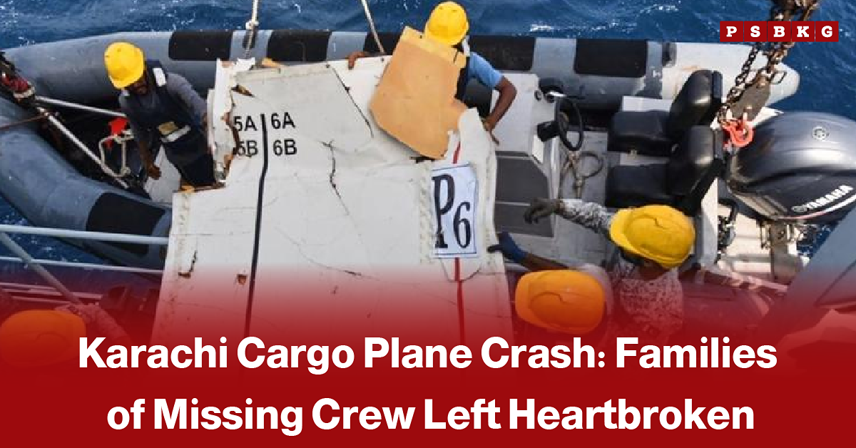 Rescue workers wearing yellow helmets inspect the wreckage of a cargo plane recovered from the sea during ongoing recovery operations following the Karachi cargo plane crash, accompanied by a news-style headline about the incident.