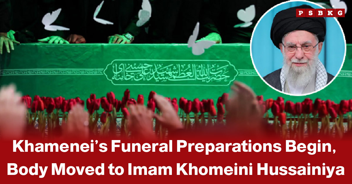 Hands raised in prayer over a green-covered coffin adorned with red flowers, alongside an inset photo of Ayatollah Ali Khamenei, accompanied by a news-style headline about preparations beginning for his funeral.