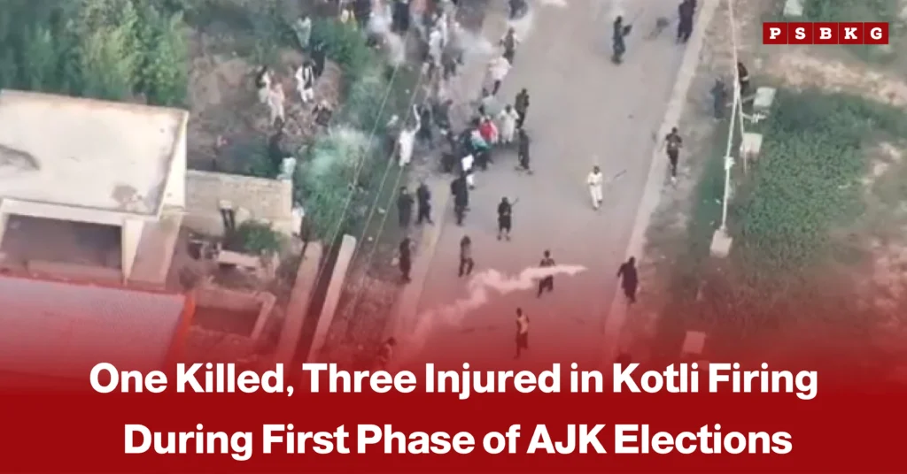 Security personnel and emergency responders at the scene of a firing incident in Kotli during the Azad Jammu and Kashmir (AJK) elections, accompanied by a news-style headline reporting casualties and injuries during the polling process.
