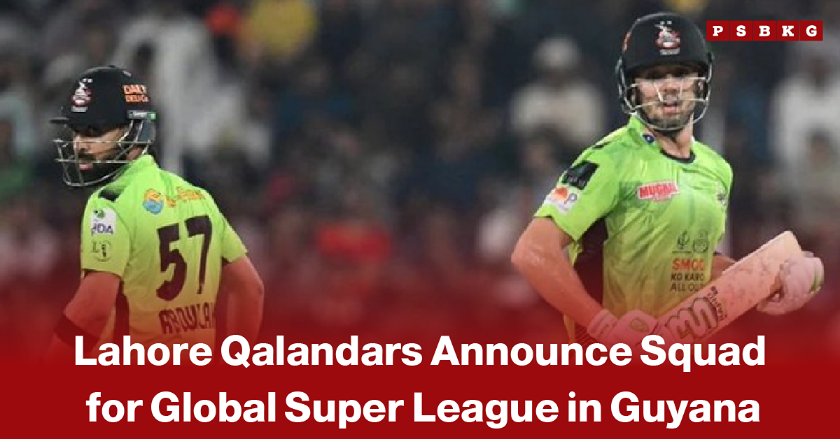 Two Lahore Qalandars players wearing green team jerseys stand on the cricket field during a match, accompanied by a news-style headline announcing the Lahore Qalandars squad for the Global Super League in Guyana.