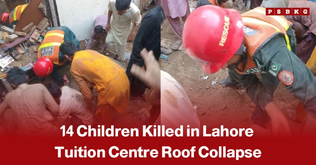 Rescue workers and local residents search through the rubble of a collapsed tuition centre in Lahore, with emergency personnel conducting rescue operations after the roof collapse that killed 14 children and injured several others.