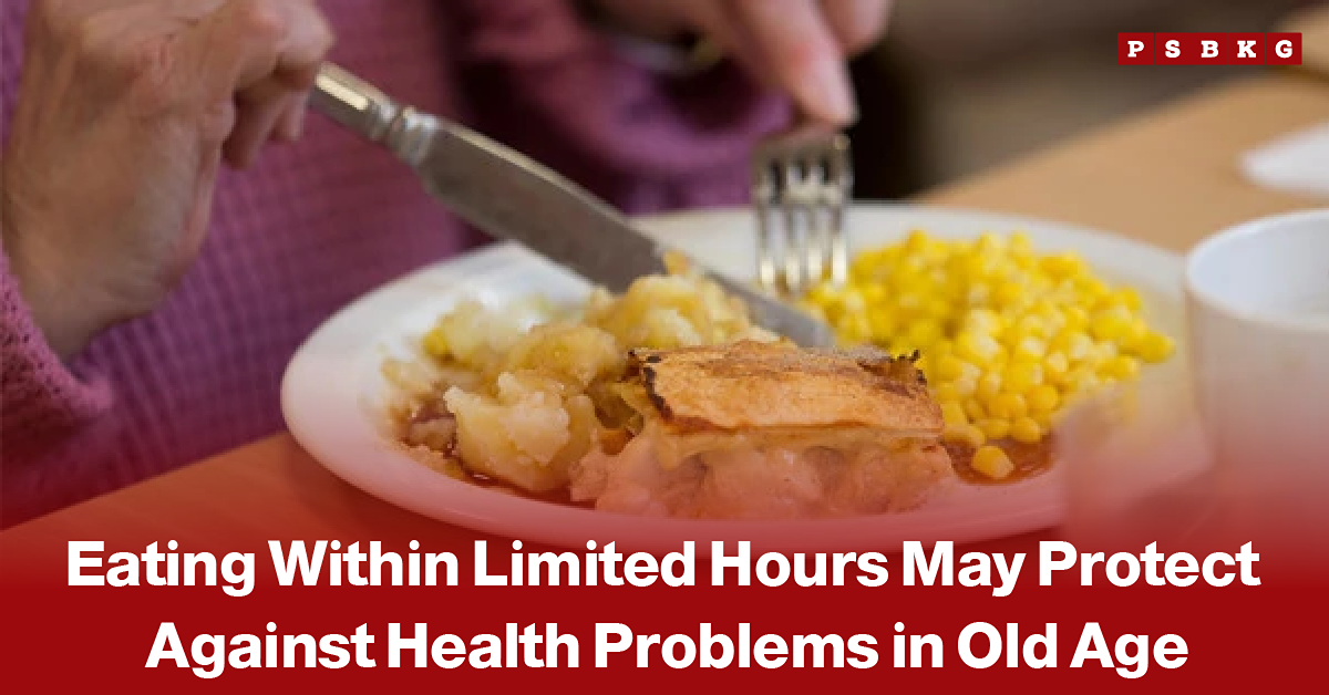 Older woman eating a healthy meal, accompanied by a news-style headline about how eating within limited hours may help protect against health problems in old age.