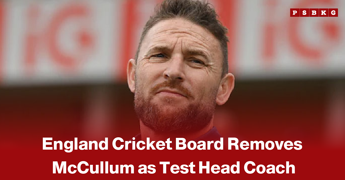 Close-up portrait of Brendon McCullum with a serious expression, accompanied by a news-style headline stating that the England and Wales Cricket Board (ECB) has removed him as England's Test head coach.