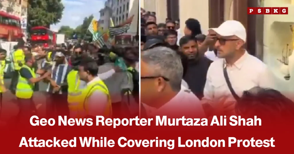 Geo News reporter Murtaza Ali Shah covering a protest in London, accompanied by a news-style headline reporting that he was attacked while performing his journalistic duties.