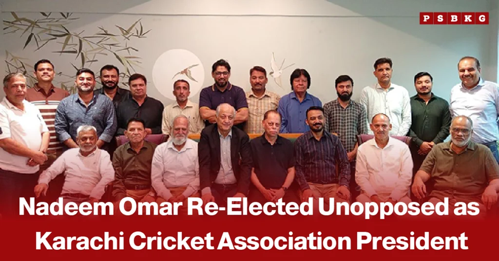 Group of officials posing during a Karachi Cricket Association meeting, accompanied by a news-style headline announcing Nadeem Omar’s unopposed re-election as President of the Karachi Cricket Association.