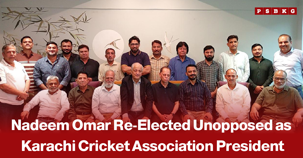 Group of officials posing during a Karachi Cricket Association meeting, accompanied by a news-style headline announcing Nadeem Omar’s unopposed re-election as President of the Karachi Cricket Association.