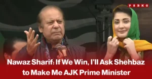 Nawaz Sharif addressing a public rally with a woman in a green and yellow headscarf standing beside him, accompanied by a news-style headline about his statement that if his party wins the election, he will ask Shehbaz Sharif to make him the Prime Minister of Azad Jammu and Kashmir (AJK).