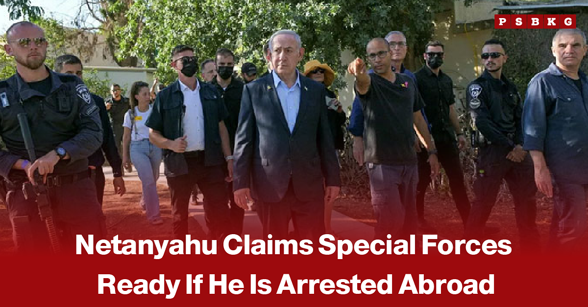 Israeli Prime Minister Benjamin Netanyahu speaking at a public event, accompanied by a news-style headline claiming that special forces are prepared if he is arrested abroad.