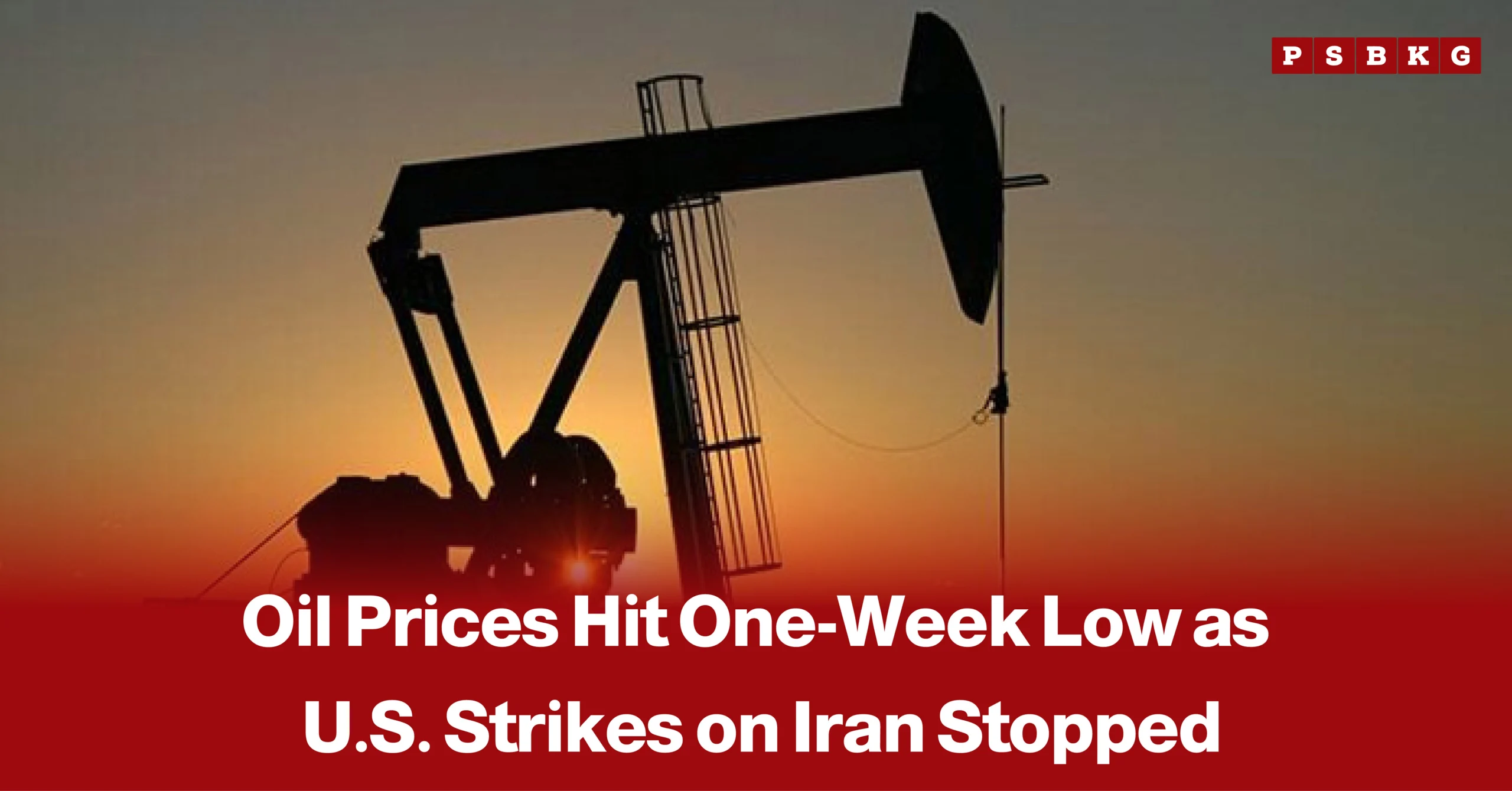 Oil barrels and pumpjacks with a downward trend indicator, accompanied by a news-style headline reporting that global oil prices have fallen to their lowest level in one week.