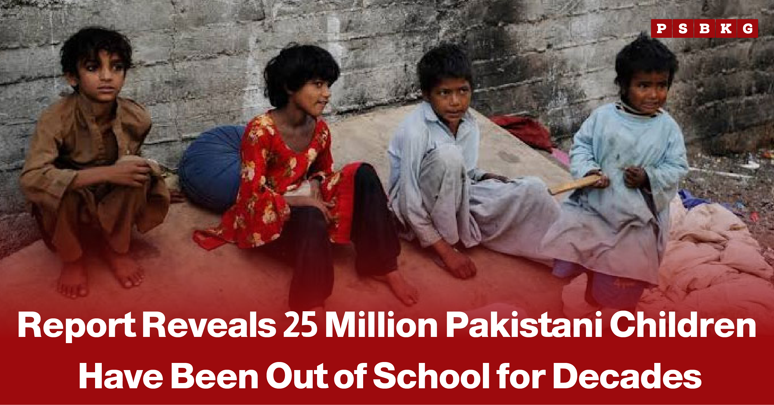 Four barefoot Pakistani children wearing worn clothes sit together on a mat beside a concrete wall, illustrating the issue of millions of children remaining out of school in Pakistan, accompanied by a news-style headline about the education report.