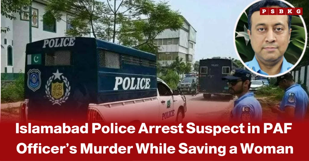 Police vehicles and officers gathered outside a building in Islamabad, with an inset portrait of a man related to the investigation into the murder of a Pakistan Air Force (PAF) officer, accompanied by a news-style headline about the case.
