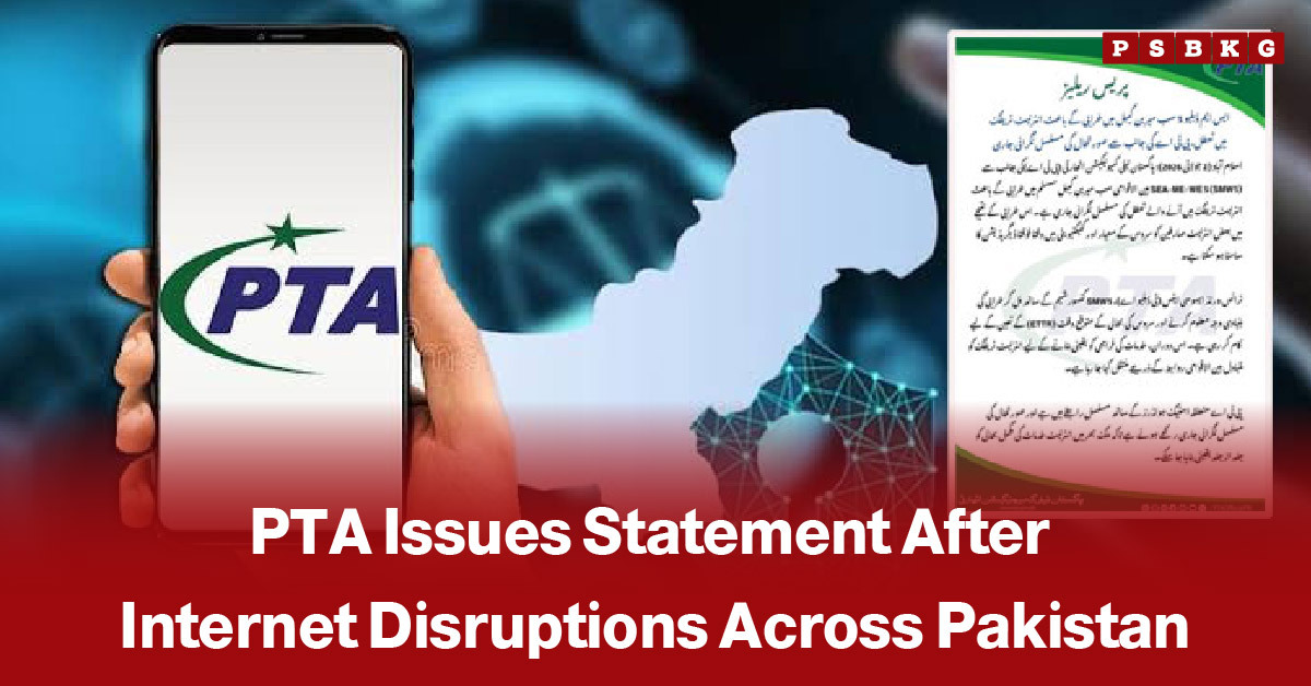 Hand holding a smartphone displaying the Pakistan Telecommunication Authority (PTA) logo, with a map of Pakistan in the background, accompanied by a news-style headline about the PTA’s statement regarding internet disruptions across Pakistan.