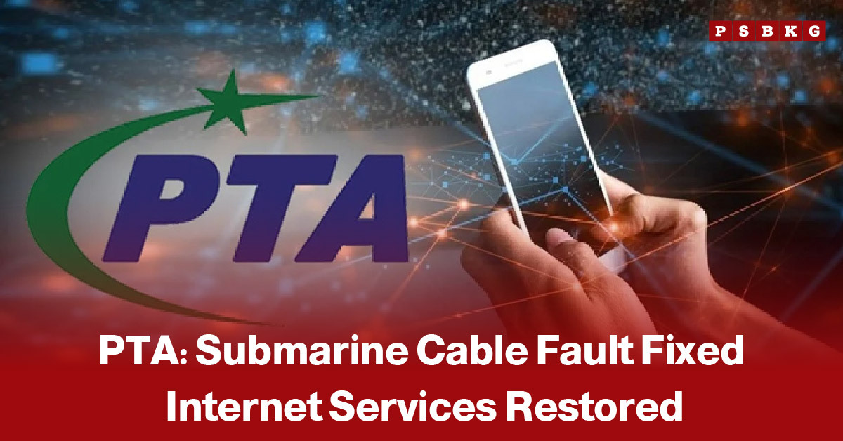 Hands holding a smartphone with digital network graphics in the background, accompanied by a news-style headline stating that the Pakistan Telecommunication Authority (PTA) has fixed the submarine cable fault and restored internet services nationwide.