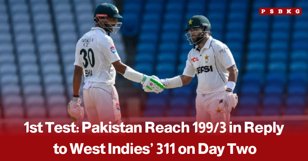 Pakistan batters in action during the first Test against the West Indies, accompanied by a news-style headline stating that Pakistan reached 199/3 in reply to the West Indies' first-innings total.