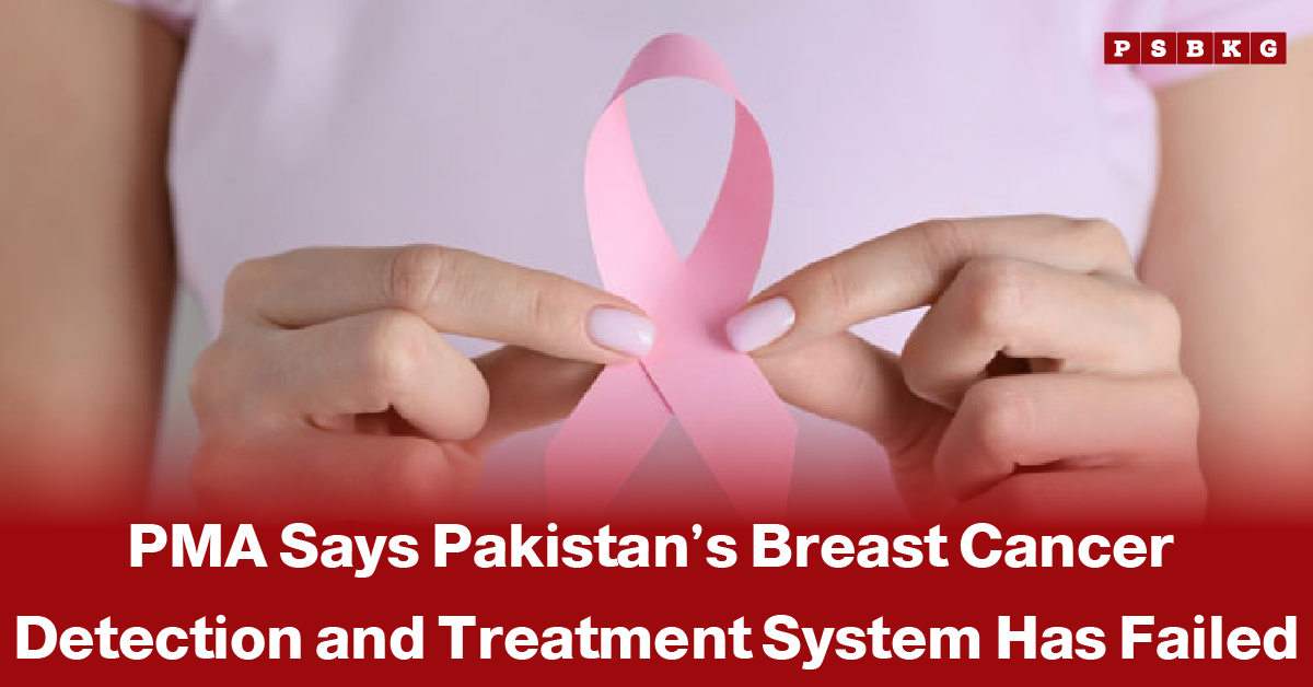 Female doctor reviewing a mammogram alongside a pink breast cancer awareness ribbon, accompanied by a news-style headline highlighting concerns over Pakistan’s breast cancer detection and treatment system.
