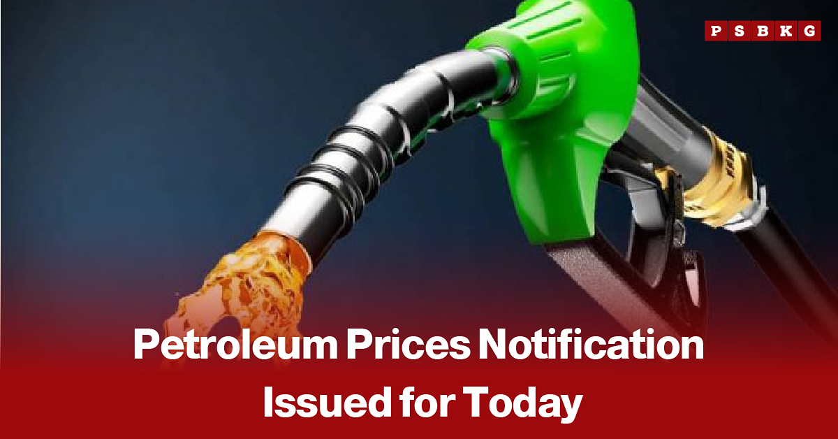 Close-up of a green fuel nozzle dispensing petrol at a filling station, accompanied by a news-style headline announcing the petroleum prices notification issued for today.