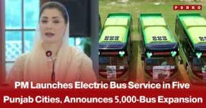 Modern electric buses lined up during the launch ceremony in Punjab, with officials present, accompanied by a news-style headline announcing the launch of the Punjab electric bus service and plans to expand the fleet across the province.