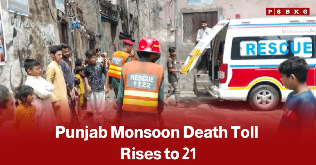 Rescue workers and local residents gather beside an ambulance in a flooded street during the Punjab monsoon season, accompanied by a news-style headline reporting that the monsoon death toll in Punjab has risen to 21.
