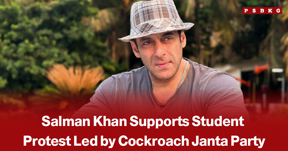 Pakistani actor Salman Khan wearing a plaid hat and gray shirt, accompanied by a news-style headline stating that he has expressed support for a student protest led by the Cockroach Janta Party.
