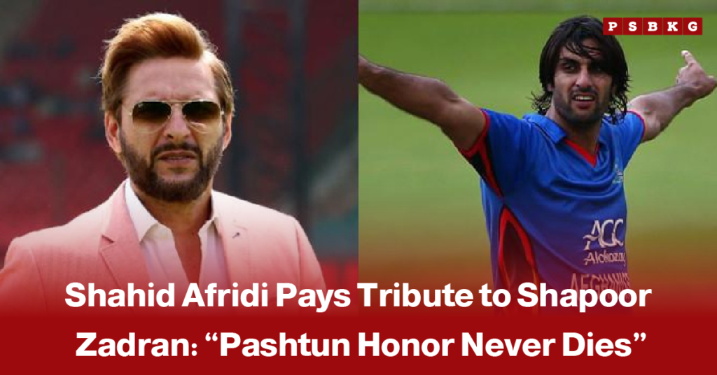 Pakistani cricketer Shahid Afridi and former Afghan cricketer Shapoor Zadran sharing a warm moment, accompanied by a news-style headline about Afridi’s heartfelt tribute honoring Shapoor Zadran.