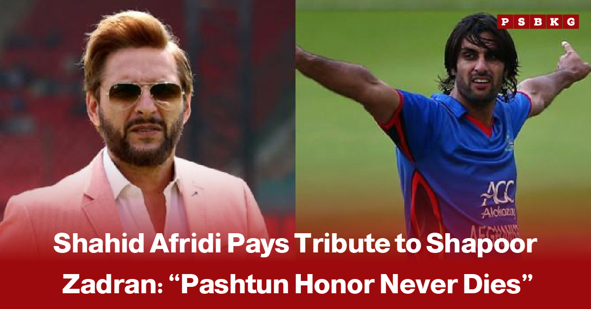 Pakistani cricketer Shahid Afridi and former Afghan cricketer Shapoor Zadran sharing a warm moment, accompanied by a news-style headline about Afridi’s heartfelt tribute honoring Shapoor Zadran.