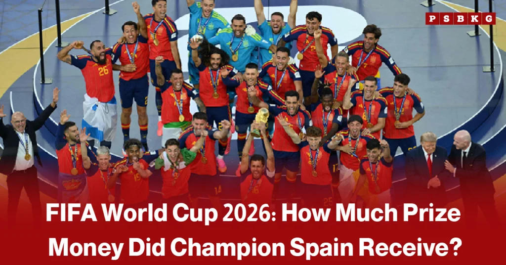 Spain's national football team celebrates on the field with the FIFA World Cup 2026 trophy and medals after winning the championship, accompanied by a news-style headline about the prize money awarded to the World Cup winners.