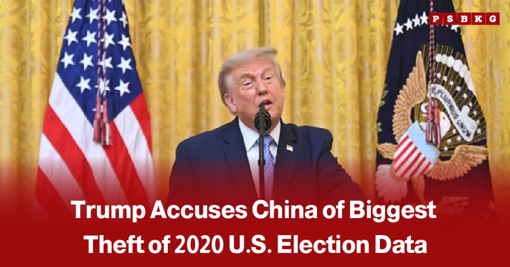 Former U.S. President Donald Trump speaking at a public event, accompanied by a news-style headline accusing China of carrying out the biggest theft of data related to the 2020 U.S. presidential election.