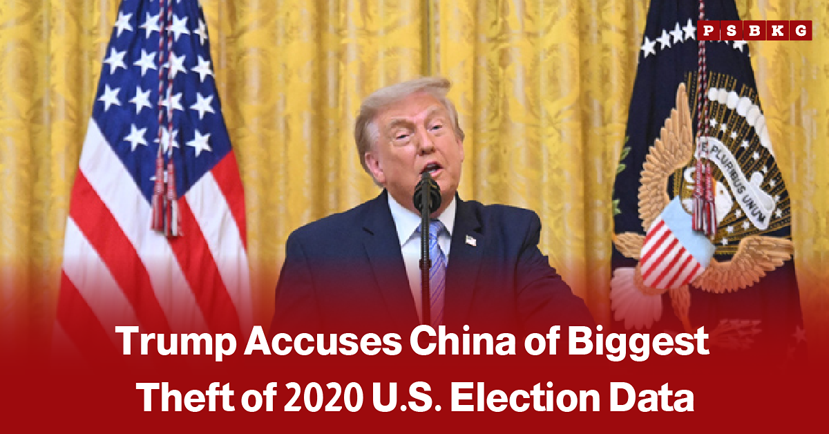 Former U.S. President Donald Trump speaking at a public event, accompanied by a news-style headline accusing China of carrying out the biggest theft of data related to the 2020 U.S. presidential election.