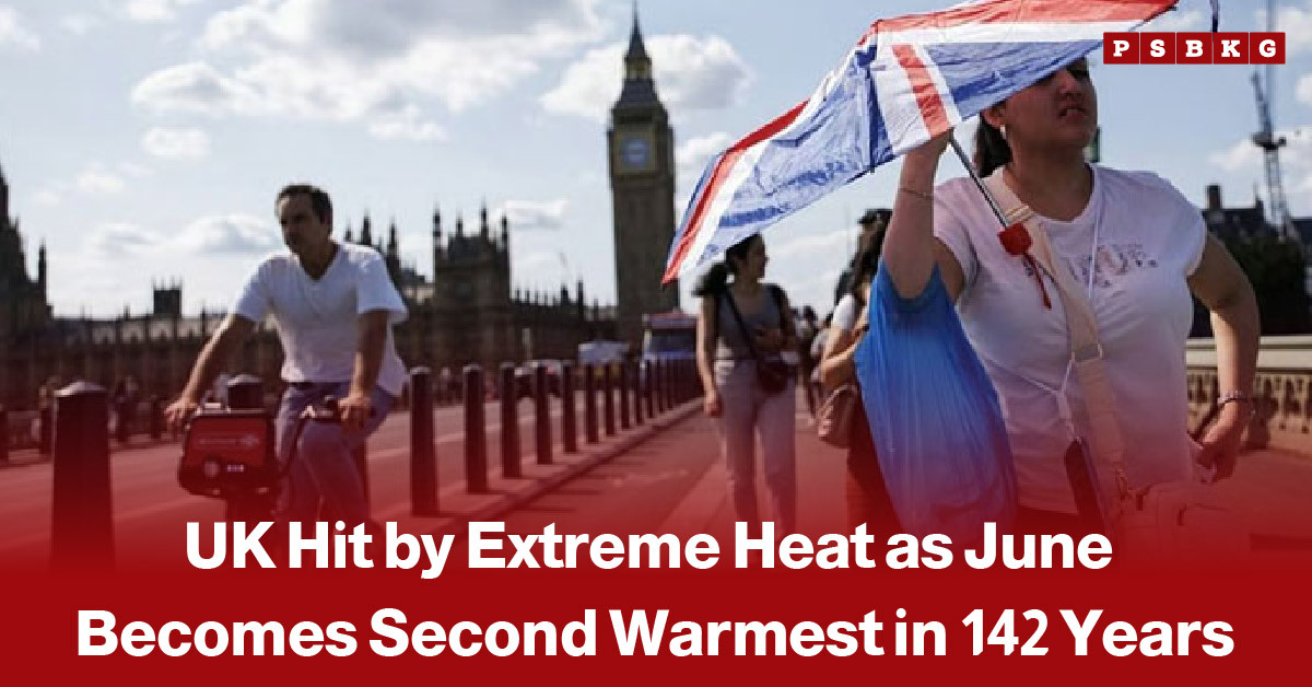 People walking and cycling near Big Ben in London under bright sunshine, with one person using an umbrella for shade, illustrating extreme heat as the UK experiences its second warmest June in 142 years.