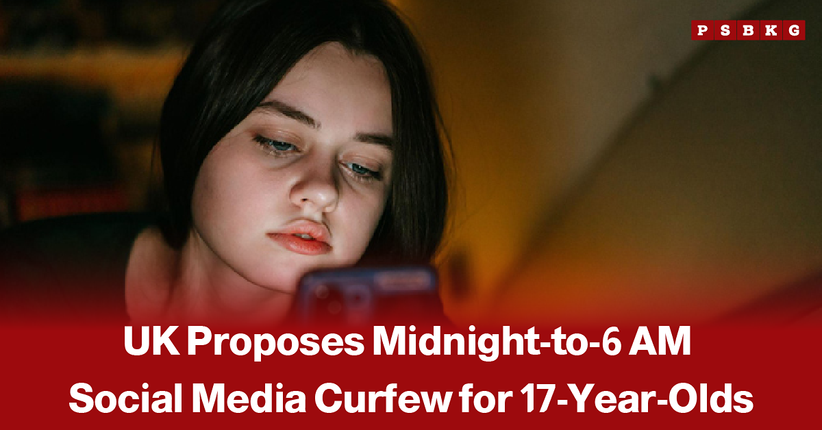 Teenager looking at a smartphone late at night, accompanied by a news-style headline about the UK proposing a midnight-to-6:00 AM social media curfew for 17-year-olds.