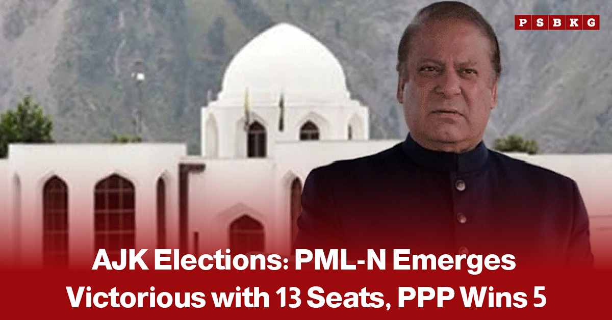 Supporters of Pakistan Muslim League-N (PML-N) celebrate election results with party flags, accompanied by a news-style headline announcing that PML-N secured 13 seats in the Azad Jammu and Kashmir (AJK) elections, while the Pakistan Peoples Party (PPP) won 5 seats.