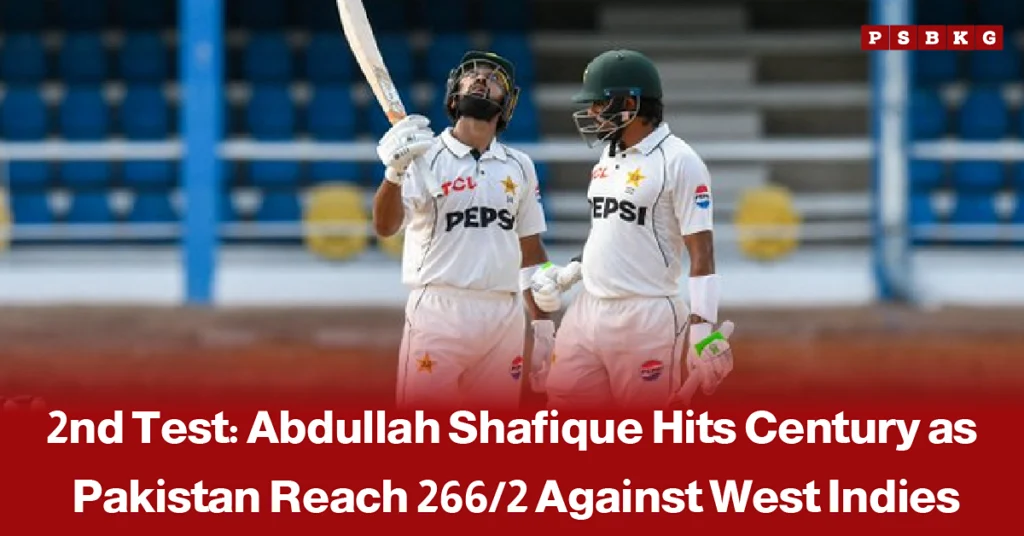 Pakistan batter Abdullah Shafique celebrates after scoring a century during the second Test against the West Indies, accompanied by a news-style headline highlighting his impressive hundred.